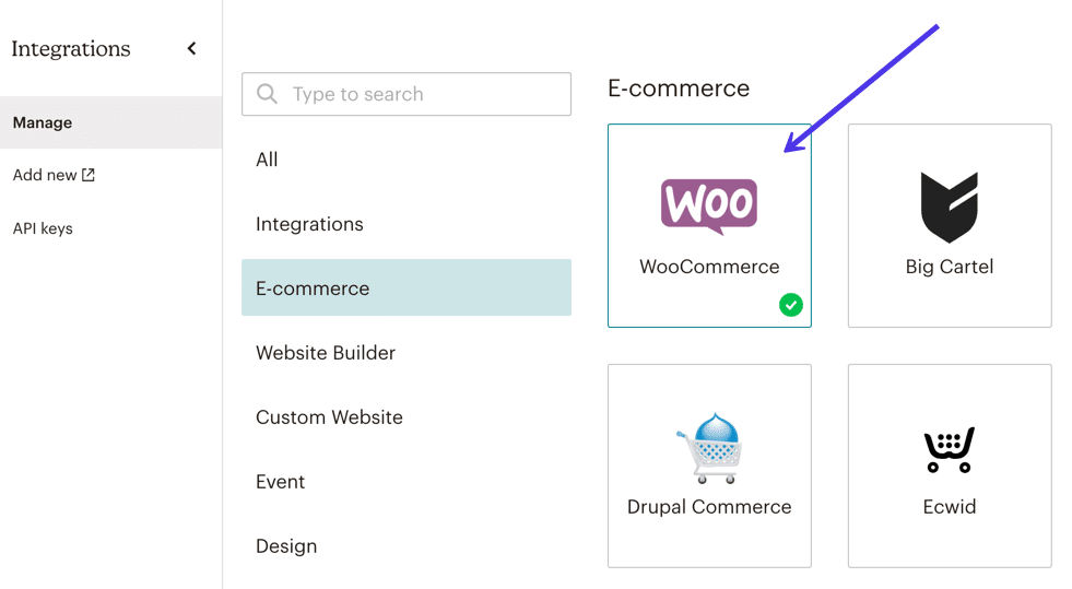 Найдите кнопку WooCommerce в библиотеке интеграций.