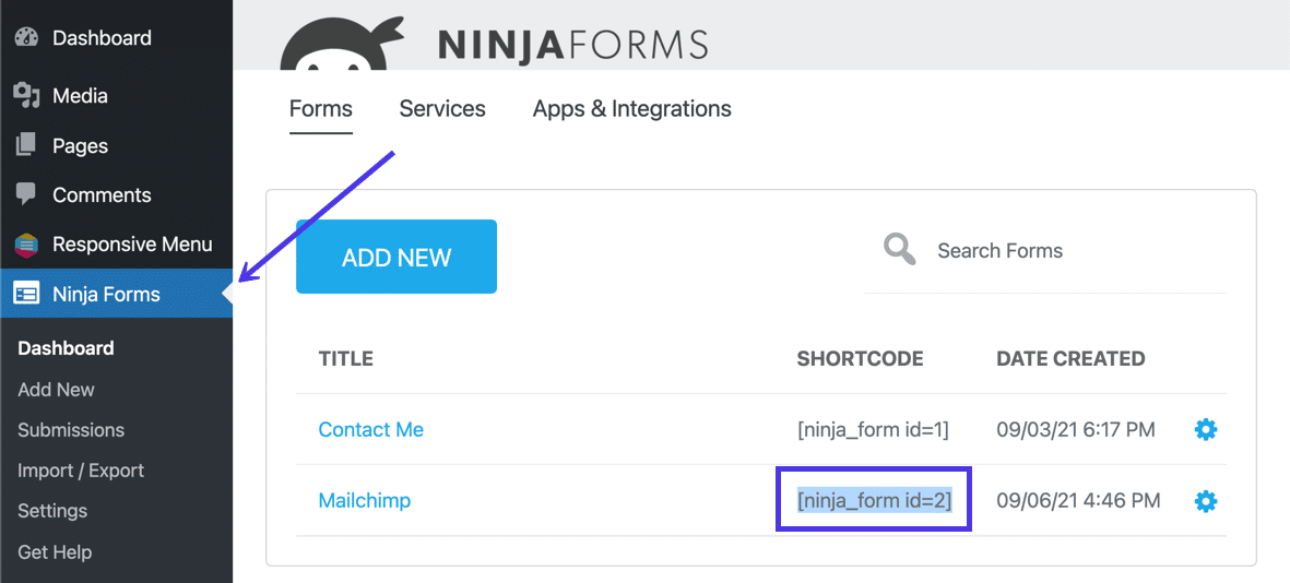 Ninja Forms генерирует шорткоды для каждой формы, которую вы создаете