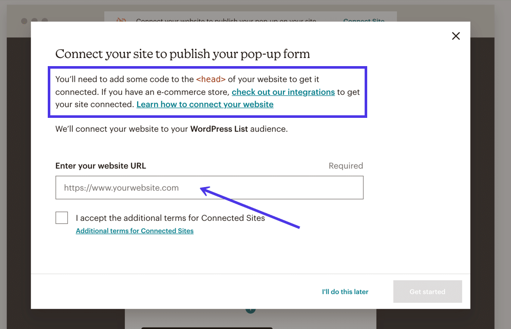 Чтобы активировать всплывающую форму на WordPress, вы должны поместить некоторый код в часть <head> вашего веб-сайта, а также сообщить Mailchimp URL вашего веб-сайта.