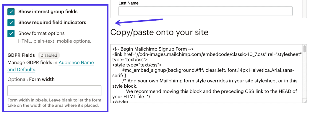 Создание кода вставки формы Mailchimp