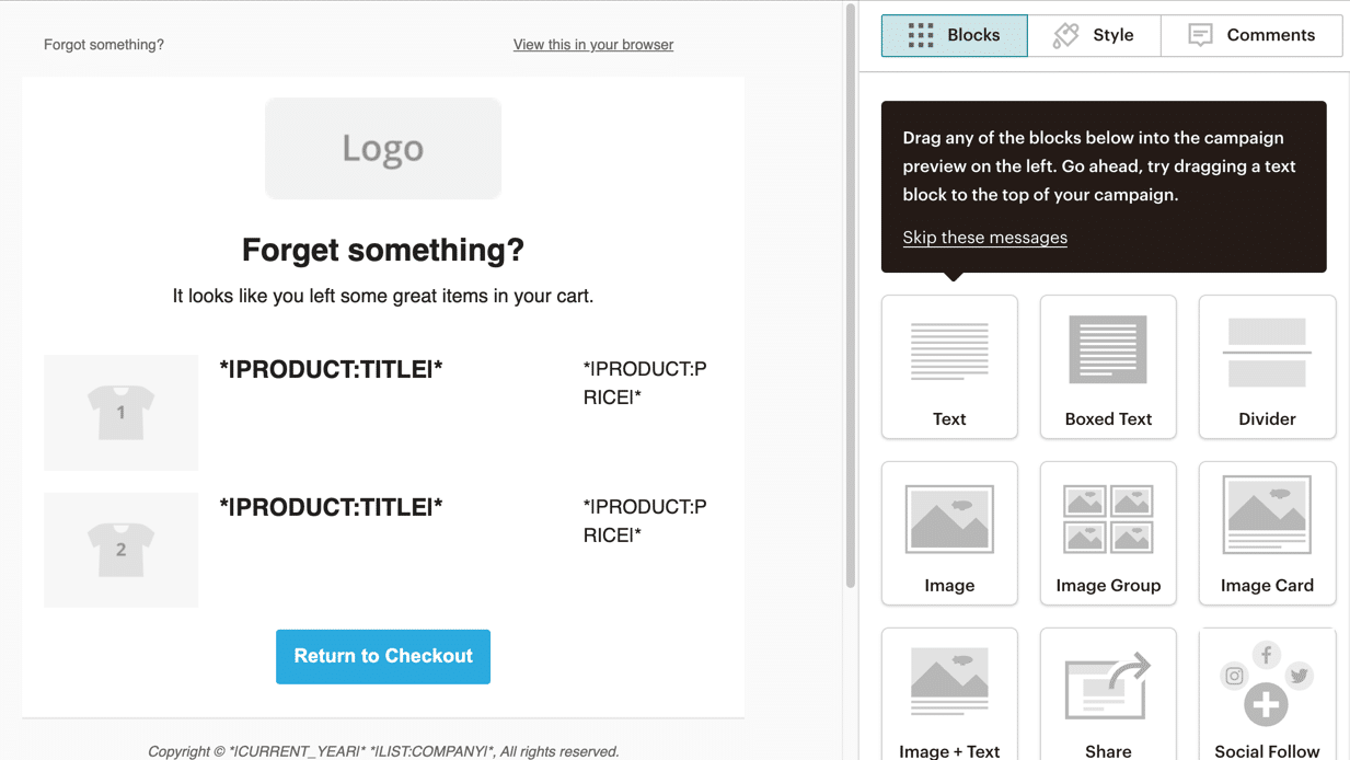 Каждый шаблон WooCommerce в Mailchimp имеет несколько тегов слияния и автоматизированных элементов контента.