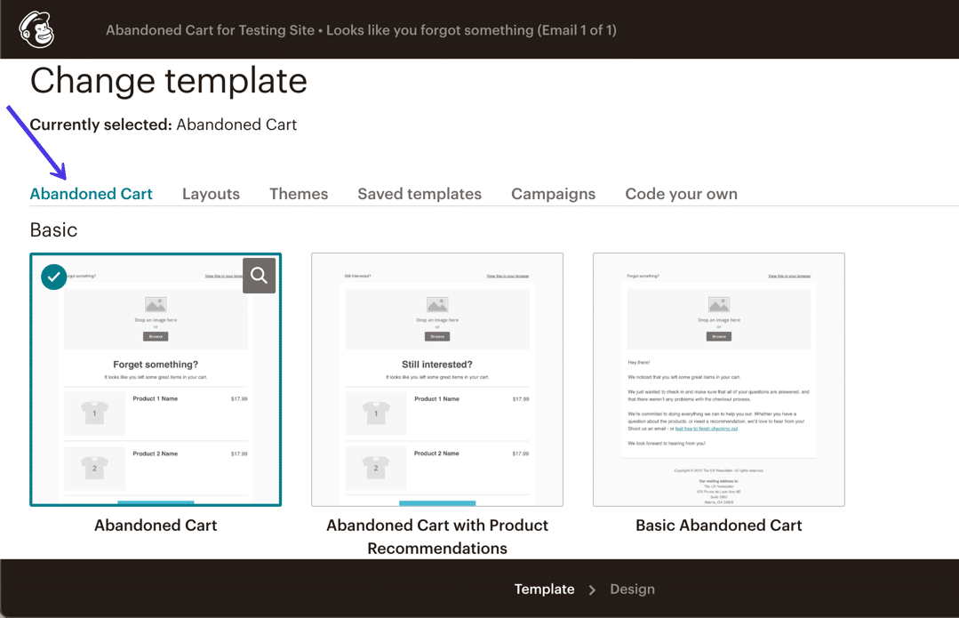 Используйте шаблон заброшенной корзины (у Mailchimp есть специальные шаблоны для всех автоматизаций WooCommerce)