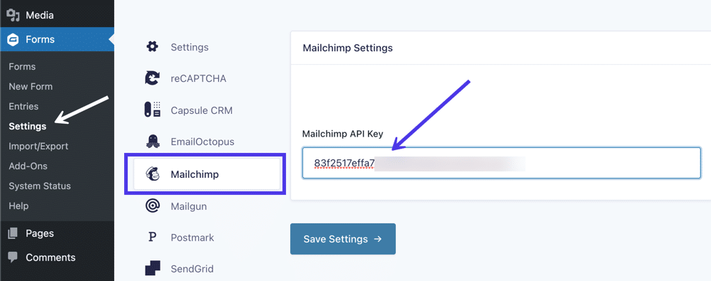Перейдите в «Настройки»> «Mailchimp» в разделе «Gravity Forms», чтобы вставить свой ключ API Mailchimp.