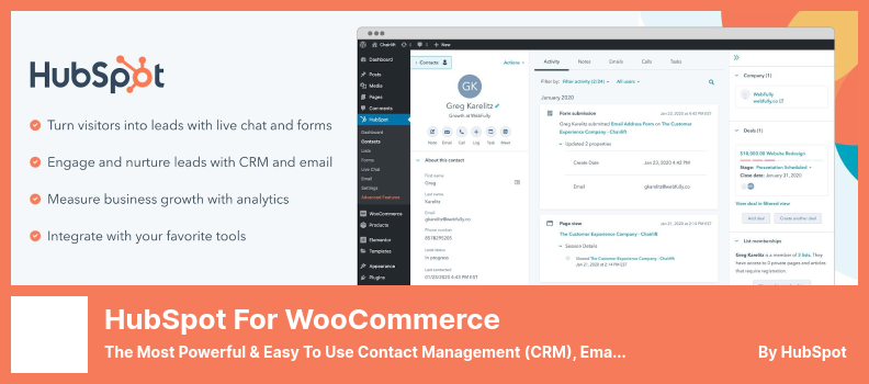 HubSpot for WooCommerce 플러그인 - 가장 강력하고 사용하기 쉬운 연락처 관리(CRM), 이메일 마케팅, 라이브 채팅, 양식 및 분석 플러그인