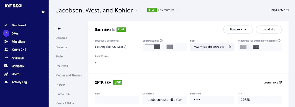 MyKinsta 사이트 화면 The Sites screen in MyKinsta, showing basic details and SFTP/SSH information for an individual site.