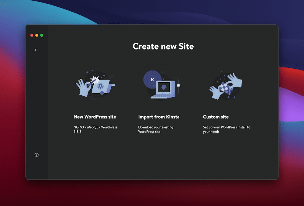DevKinsta 새 사이트 화면 The DevKinsta Create new Site screen, showing three options: New WordPress site, Import from Kinsta, and Custom site, in front of a macOS desktop background image.