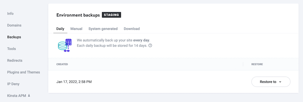 환경 백업 페이지 The MyKinsta Environment backups page, showing one created backup, and the sidebar showing other MyKinsta pages.
