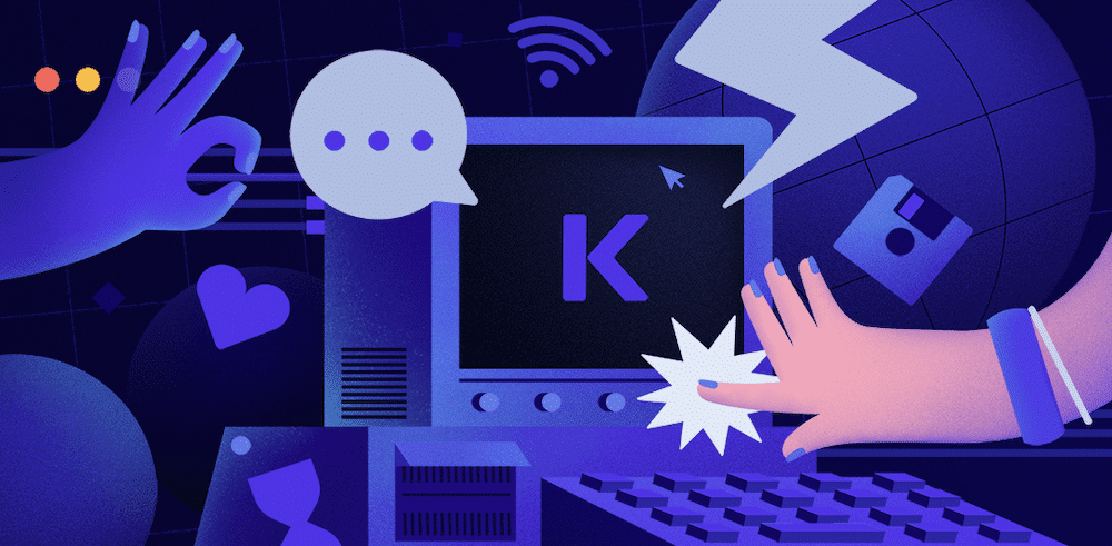 데브킨스타 로고 The logo for DevKinsta, showing a purple and caucasian hand in front of a computer showing the Kinsta logo.