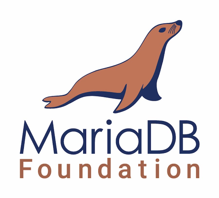 Mavi ile özetlenen stilize kahverengi bir deniz aslanının altındaki metni gösteren MariaDB logosu.