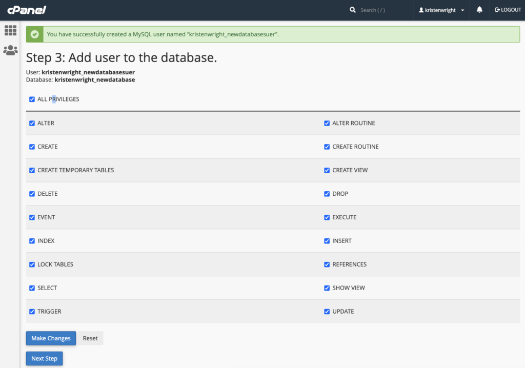 Privilèges d'utilisateur de la base de données MySQL