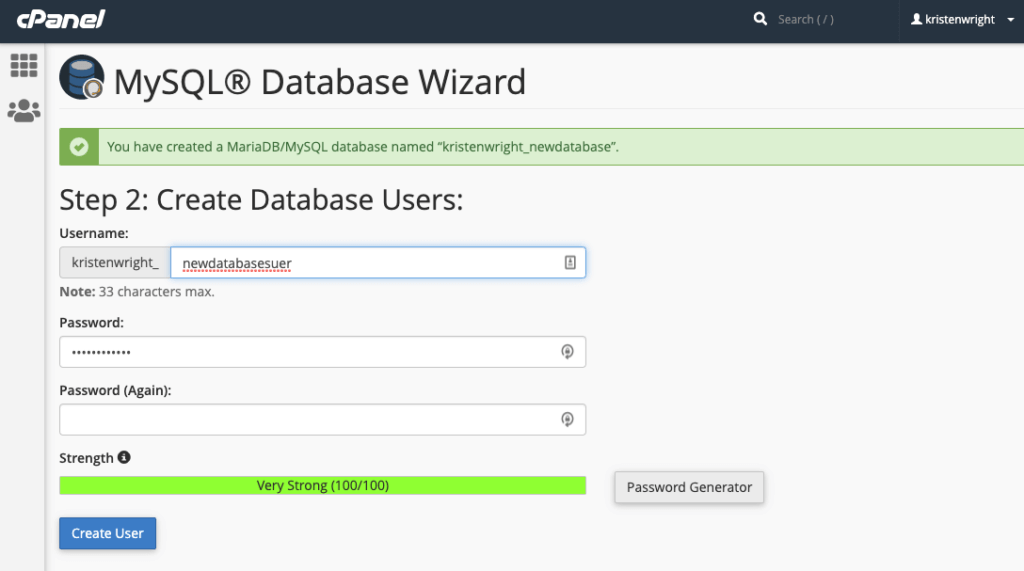 Création d'utilisateur de base de données MySQL