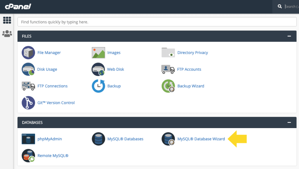 cpanel de l'assistant de base de données mysql
