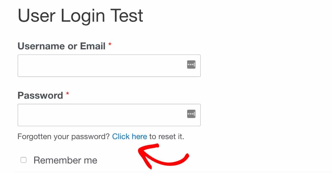 Lien de réinitialisation du mot de passe de la page de test de connexion de l'utilisateur