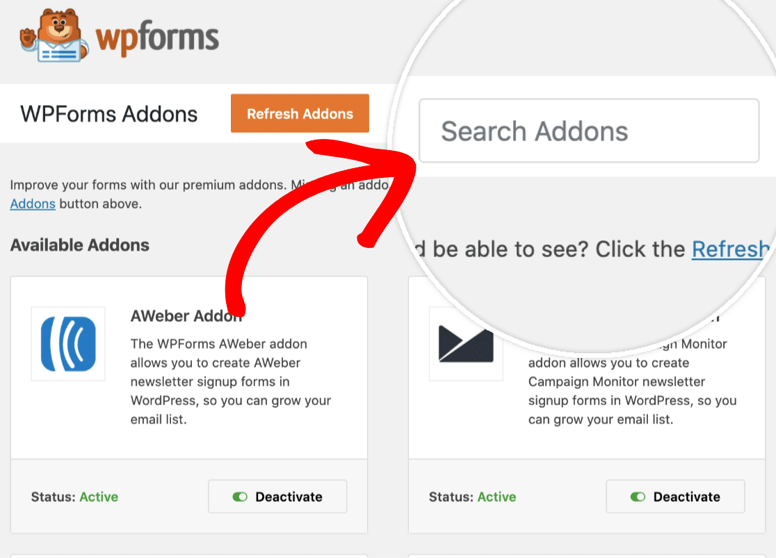 O săgeată care evidențiază câmpul „Search Addons” din WPForms