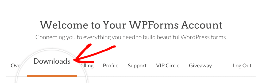 سهم يميز علامة تبويب تنزيلات WPForms