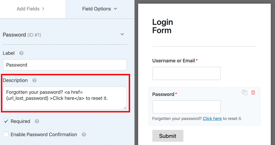 Collegamento password dimenticata personalizzata