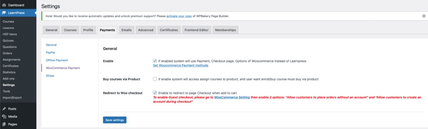 настройки оплаты LearnPress