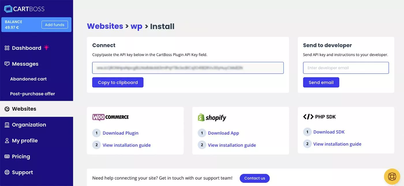 screenshot del menu dei siti Web della dashboard dell'account CartBoss