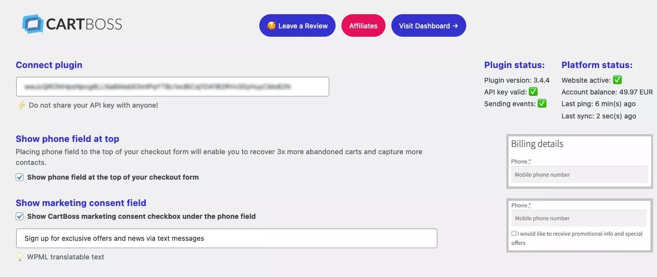 screenshot della chiave API del dashboard dell'account CartBoss