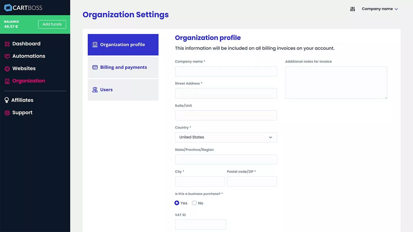 screenshot del menu del profilo del dashboard dell'account CartBoss
