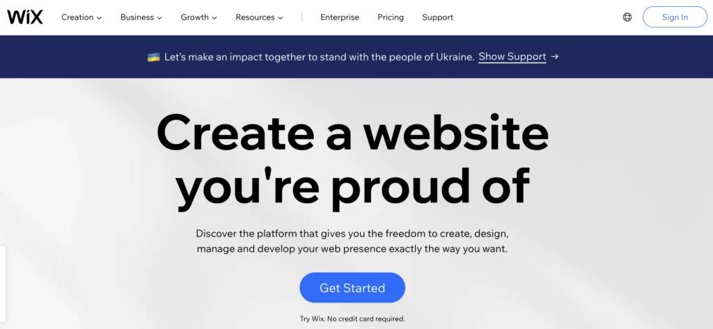 Captură de ecran a paginii de pornire Wix