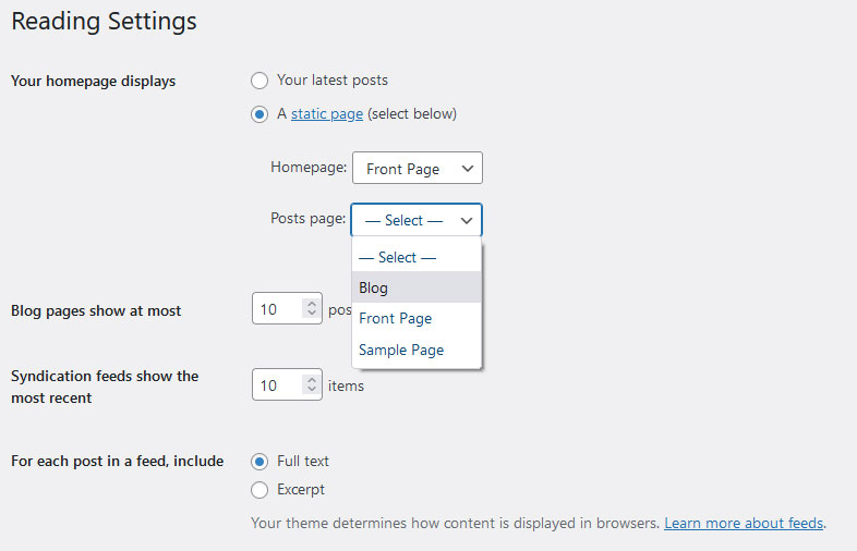 Richten Sie die Business-Blogging-Seite in den Leseeinstellungen von WordPress ein
