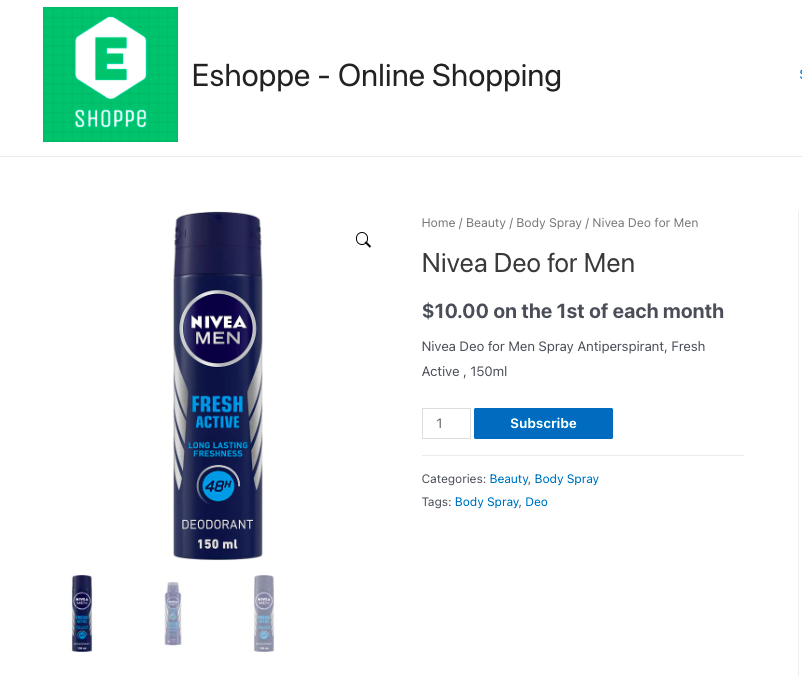 Senkronize bir abonelik ürünü olarak Nivea Deo'nun ürün sayfası.