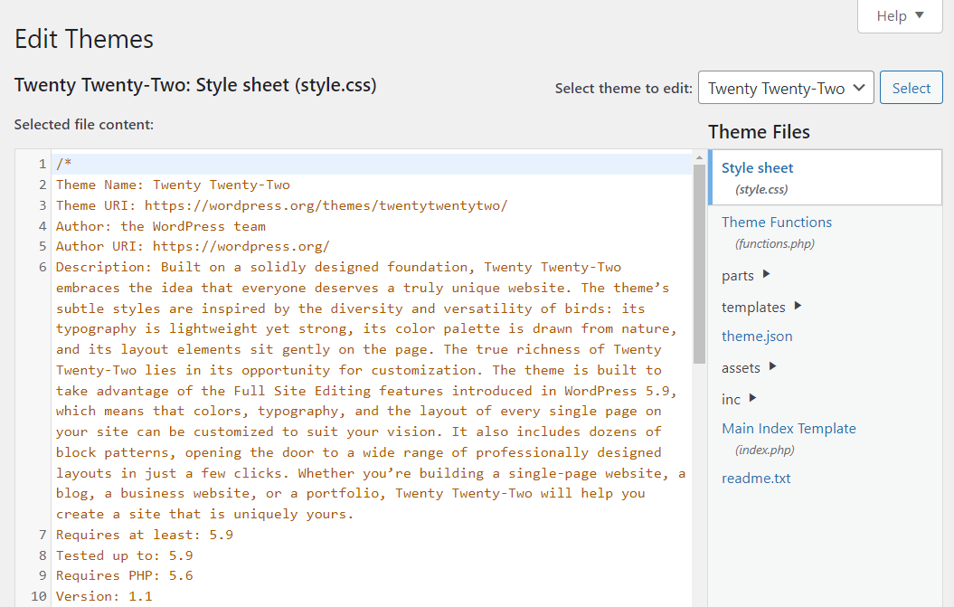테마 파일 편집기로 style.css 편집