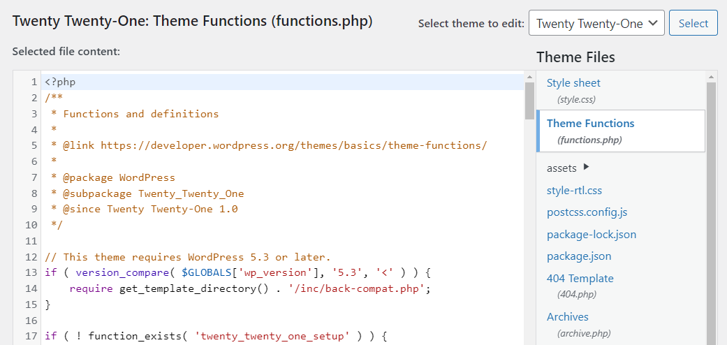 테마 편집기에서 functions.php 파일 편집