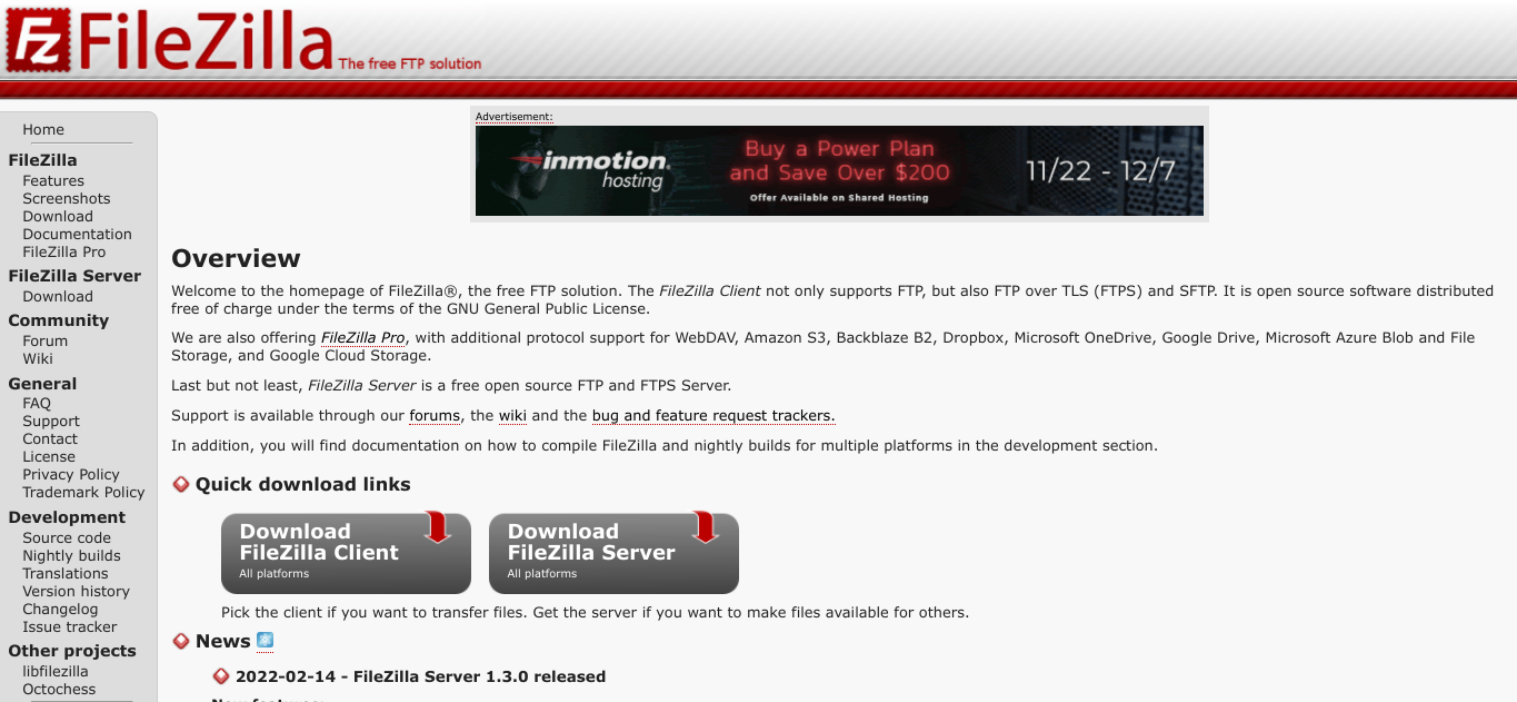 Pagina de pornire FileZilla