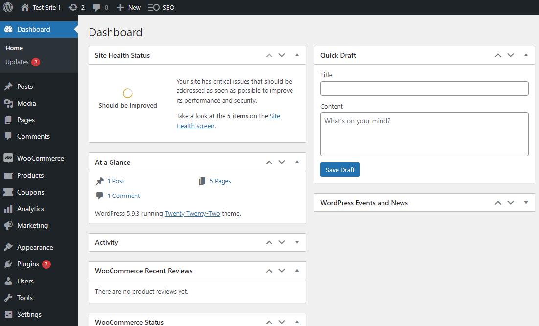 WordPress 儀表板的視圖