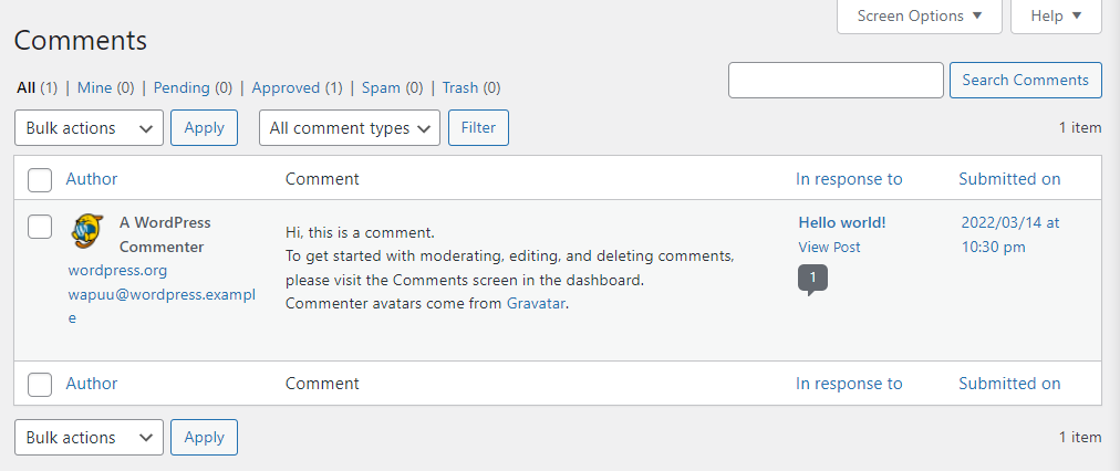 un comentariu vizualizat în tabloul de bord WordPress
