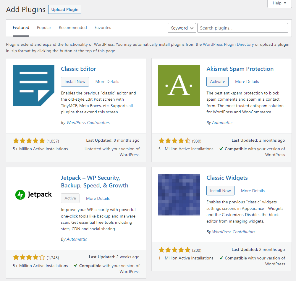 vizualizarea pluginurilor disponibile pe WordPress