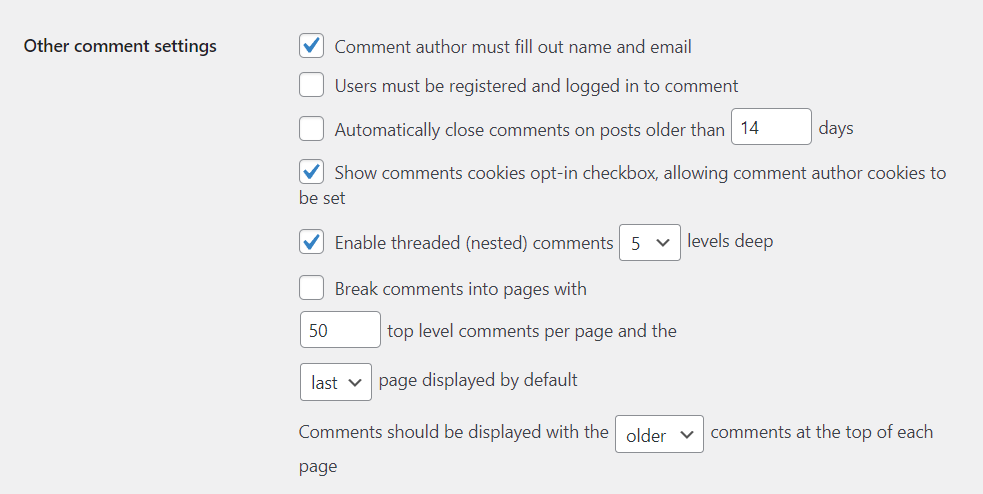 alte setări de comentarii în WordPress