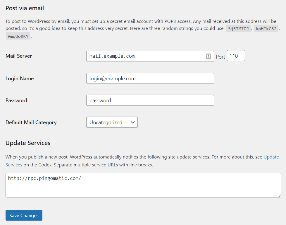 opțiuni de postare prin e-mail în WordPress