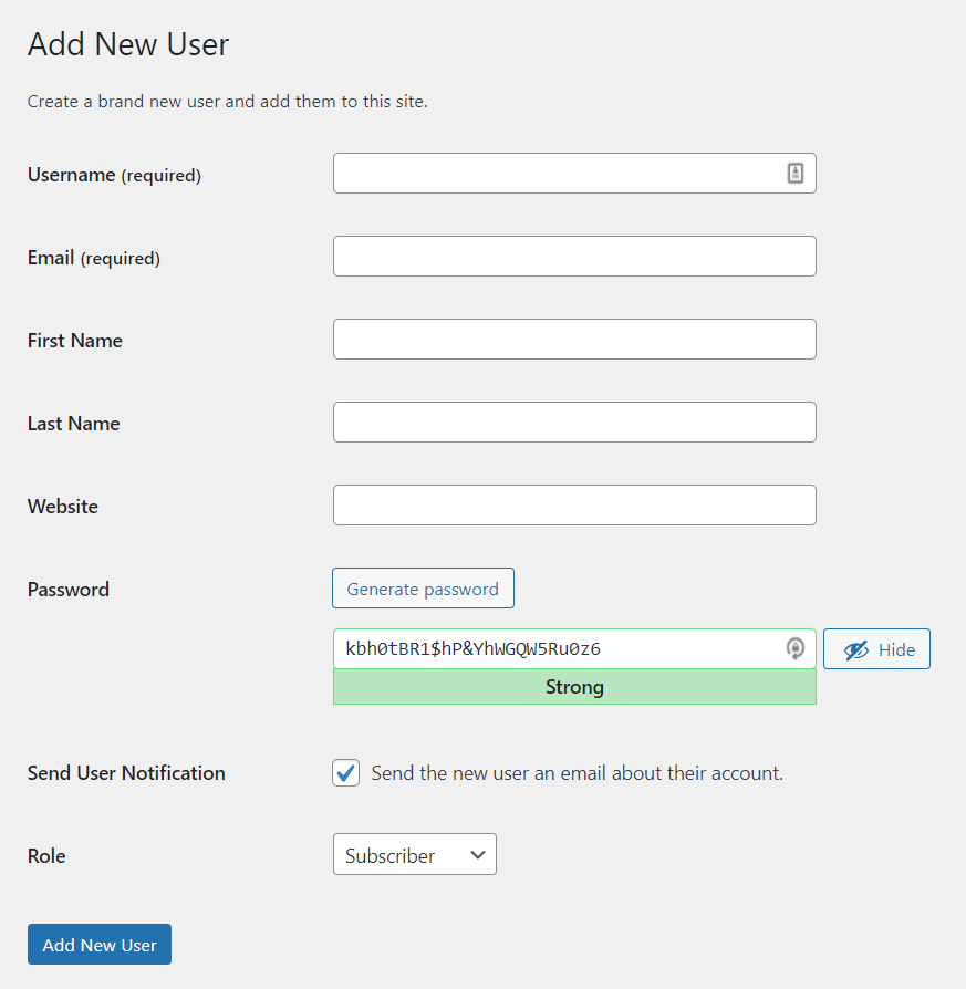 adăugarea unui nou utilizator în WordPress