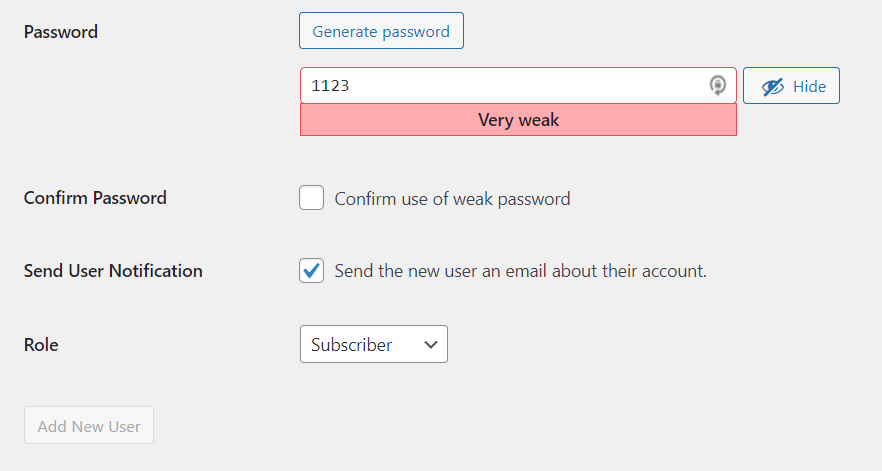 Notificare WordPress pentru o parolă slabă
