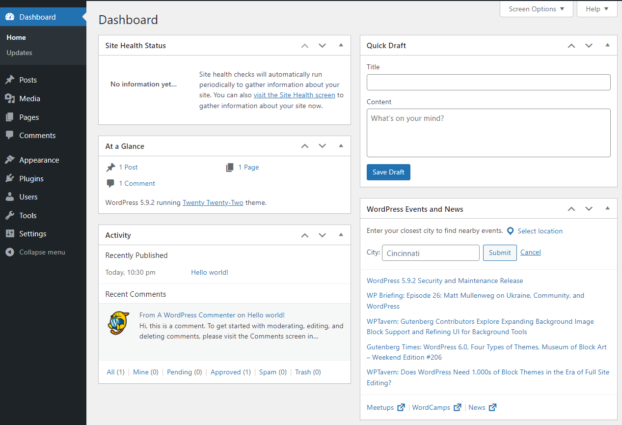 tabloul de bord implicit WordPress