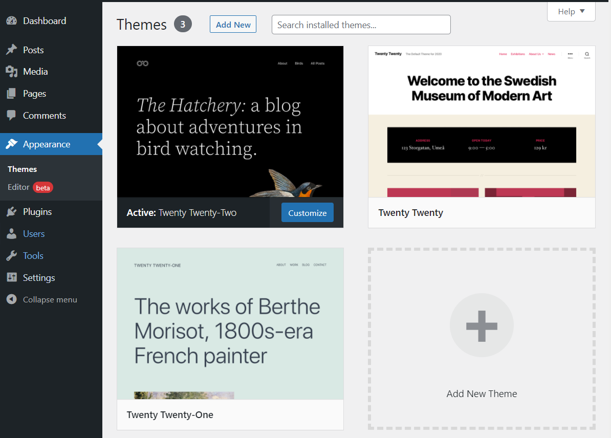 opțiuni de temă în tabloul de bord WordPress