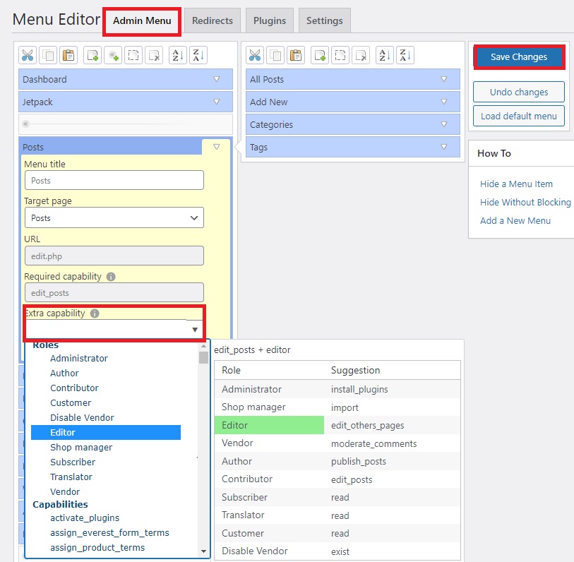 funzionalità extra modifica il menu del dashboard di wordpress