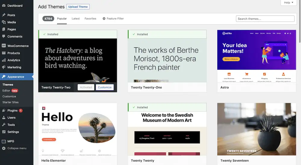 แดชบอร์ด Theme Directory ภายในหน้าจอผู้ดูแลระบบ WordPress