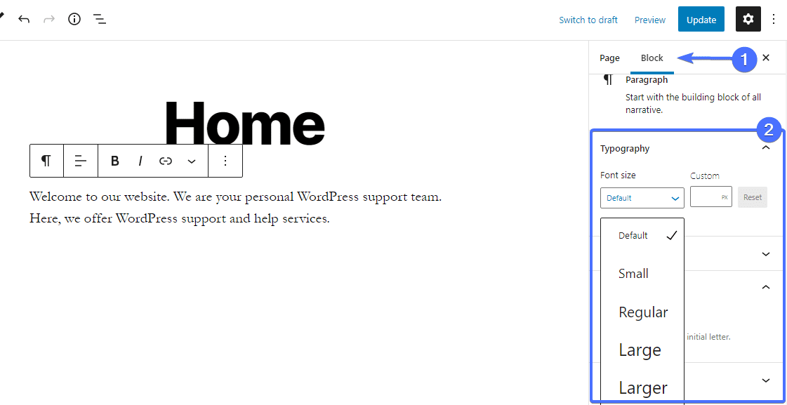 Ajouter des textes dans l'éditeur de blocs - modifier la page d'accueil wordpress