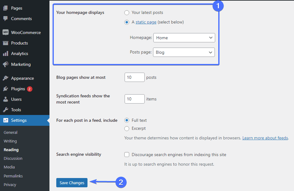Modifier les paramètres de WordPress en page d'accueil statique