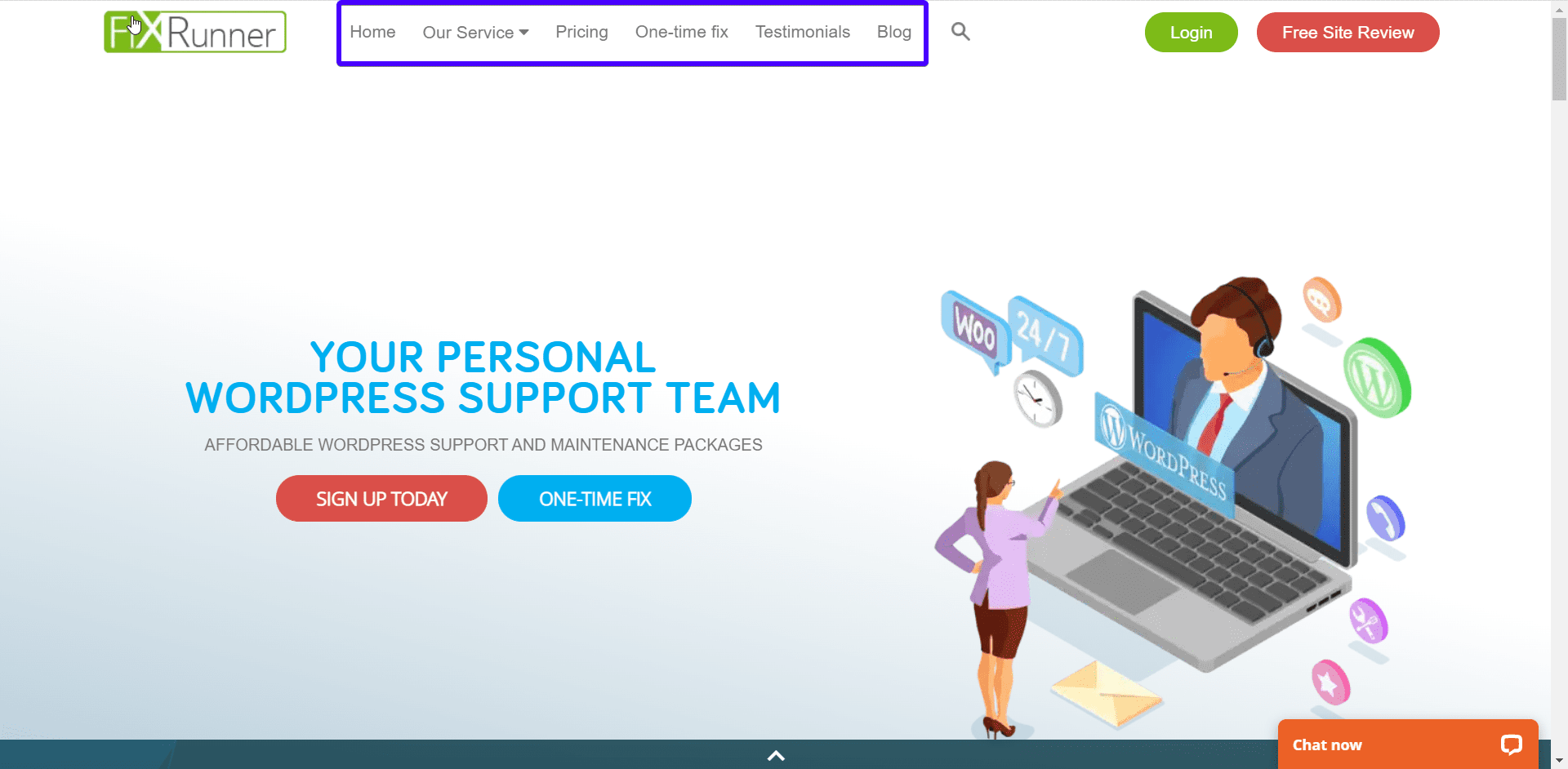 menu de navigation fixrunner - modifier la page d'accueil wordpress