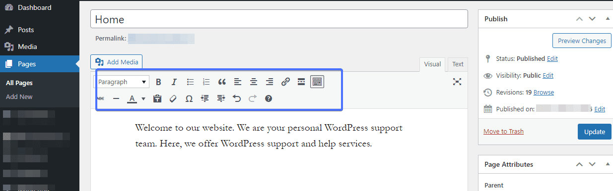 outils d'édition classiques - modifier la page d'accueil wordpress