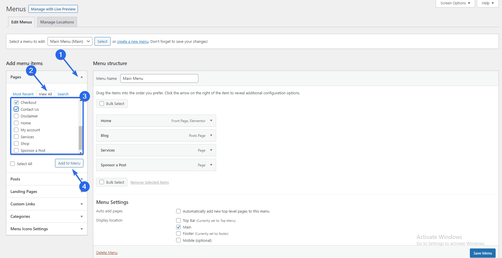 Ajouter des éléments de menu - modifier la page d'accueil wordpress