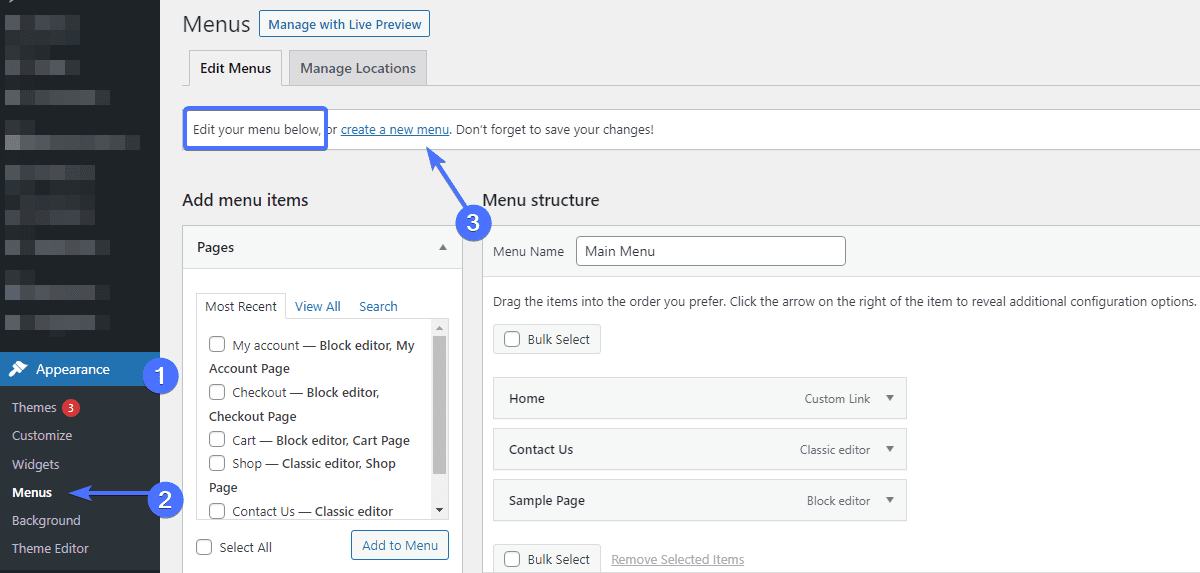 créer un menu de navigation - modifier la page d'accueil wordpress