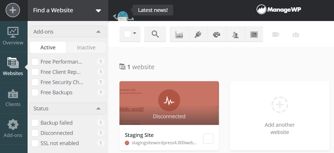使用 ManageWP 为 WordPress 添加临时网站。