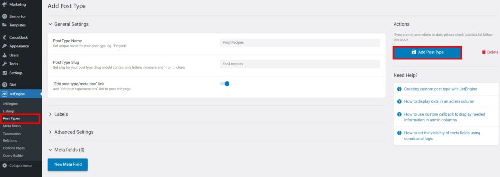 agregar el complemento jetengine de tipo de publicación