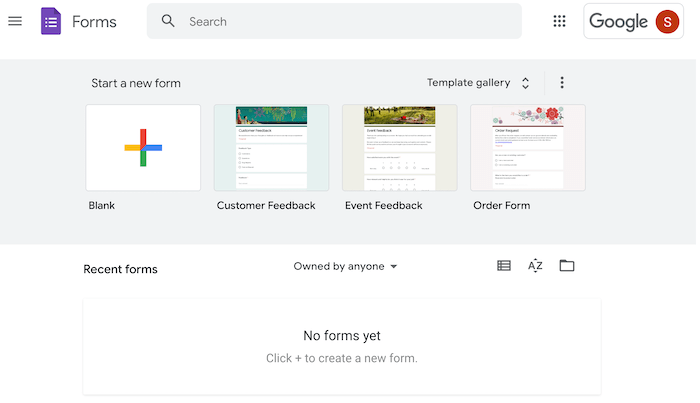 Google 설문지 홈 화면.